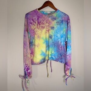 Rebdolls tie-dye rainbow long sleeve with tie workout top plus size 1X